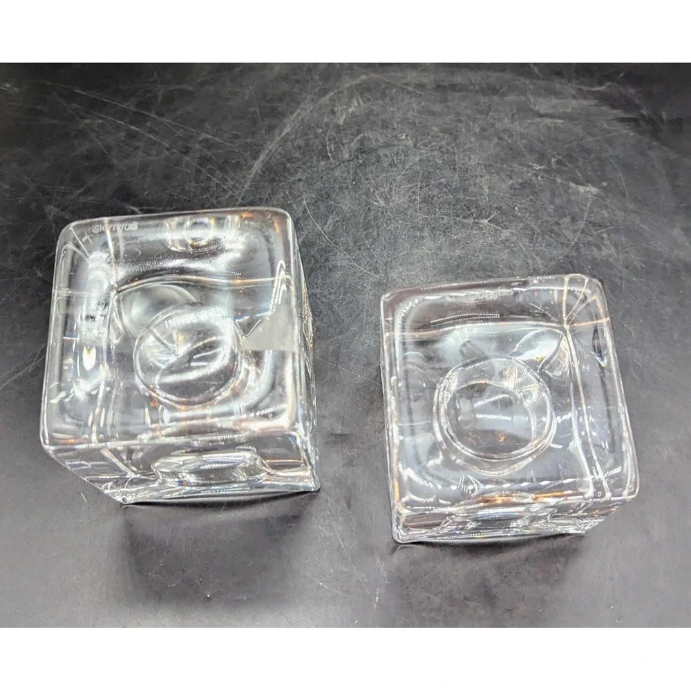 Set of 2 Orrefors Crystal Polaris Clear Votive Candle Holders Square Ice‎